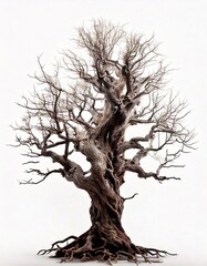 Fototapeta premium A dead, gnarled tree with twisted branches and cracked bark, isolated on a white background