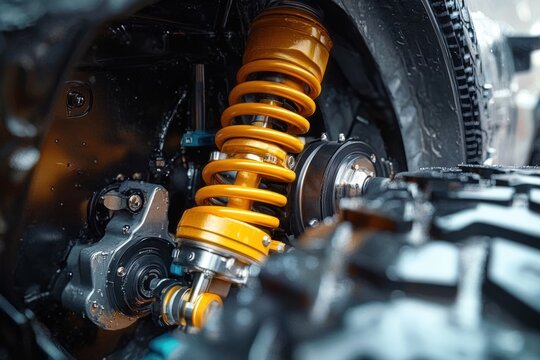 Close-up of Off-Road Vehicle Suspension System with Tire and Shock Absorber