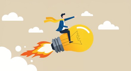 Fototapeta premium Man Rides Lightbulb Rocket Idea Concept for Innovation and Business Vision