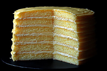 Fototapeta premium Tall layer cake with light frosting revealing delicate layers of sponge and creamy filling against a dark background.