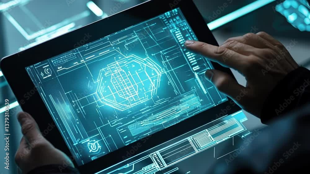 Poster cybersecurity expert using tablet with futuristic holographic interface analyzing data and informati