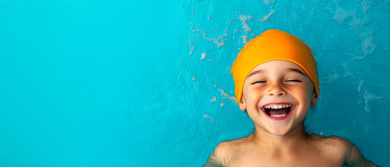 A joyful child with a bright orange swim cap smiles while floating in a pool, surrounded by vibrant blue water, capturing the essence of fun and happiness.