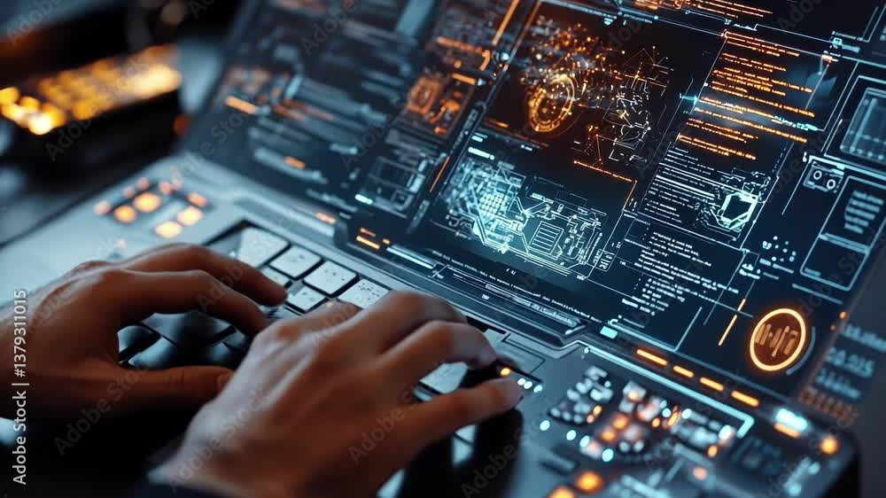 Poster closeup on hands typing on a laptop with complex code and firewall schematics visible on the screen 