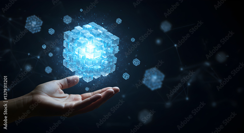 Poster open hand presenting luminous digital cube over dark background connecting dots and lines representi