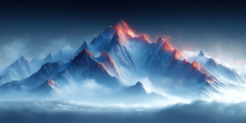 Futuristic Mountain Landscape with Glowing Geometric Overlays and Hyper-Realistic Elements in Cyberpunk Style