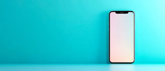 A modern smartphone stands against a vibrant turquoise background, showcasing its sleek design and minimalist aesthetics.