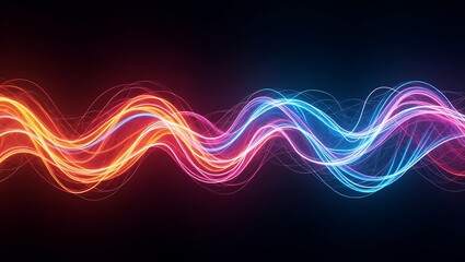 Fototapeta premium Abstract wave pattern with glowing lines of red orange and blue against a dark black background