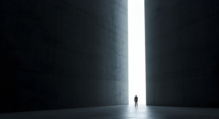 Man Silhouette Walking Toward Bright Light in a Concrete Tunnel Architecture
