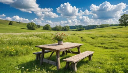 Fototapeta premium An outdoor scene featuring a wood table with benches in a grassy field. The table has a flower vase in the center