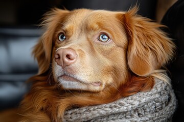 Ginger dog, bright blue eyes, with chunky knitted scarf around its neck