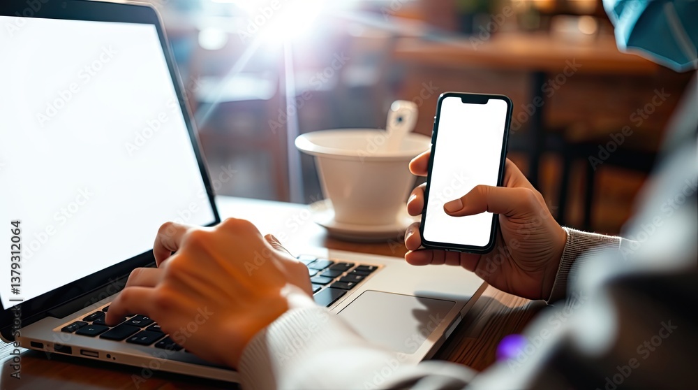 Poster a person uses a phone and a computer at a desk