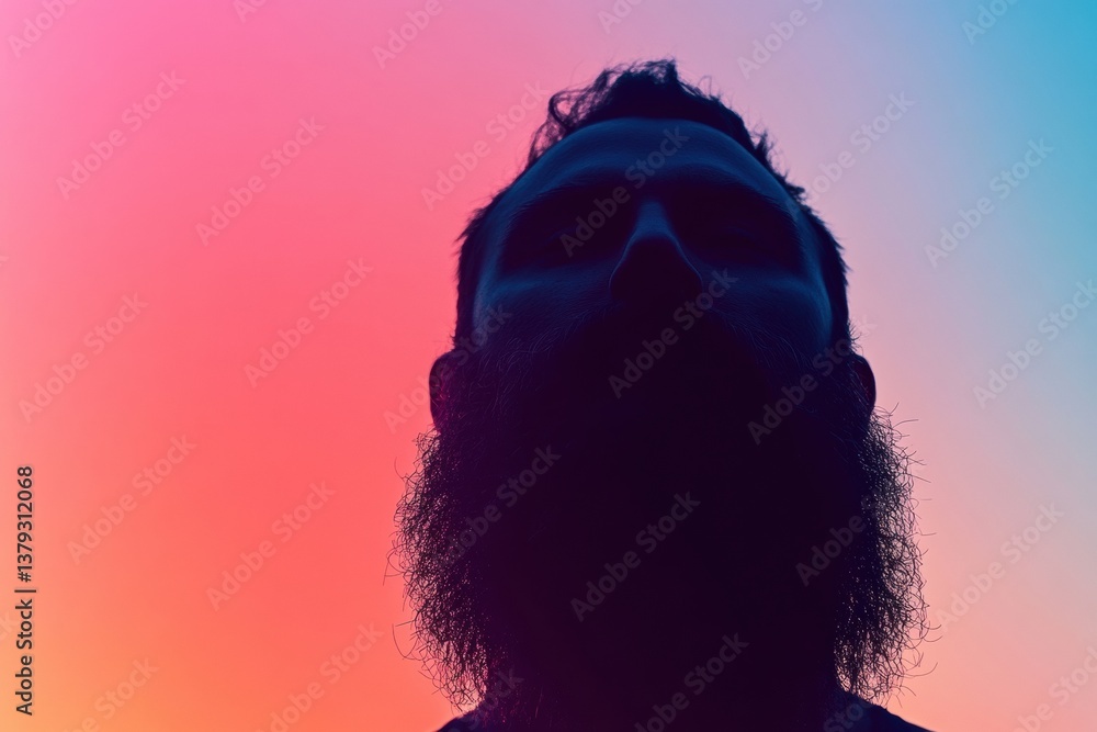 Aufkleber silhouette of a bearded individual against a vibrant gradient background with space for text or desi