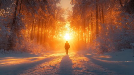 Fototapeta premium A solitary figure gathering natural elements in a snowy forest for winter solstice celebration at dusk