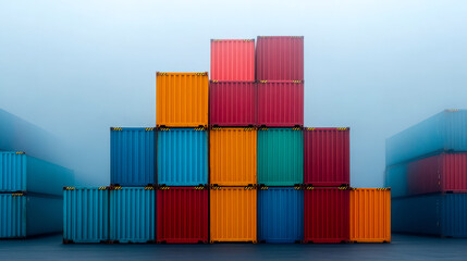 A colorful arrangement of shipping containers stacked in a pyramid shape against a misty backdrop, showcasing vibrant hues and industrial design.