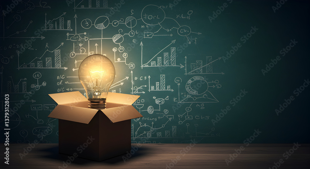 Poster illuminated lightbulb inside an open cardboard box before chalkboard with mathematical equations con