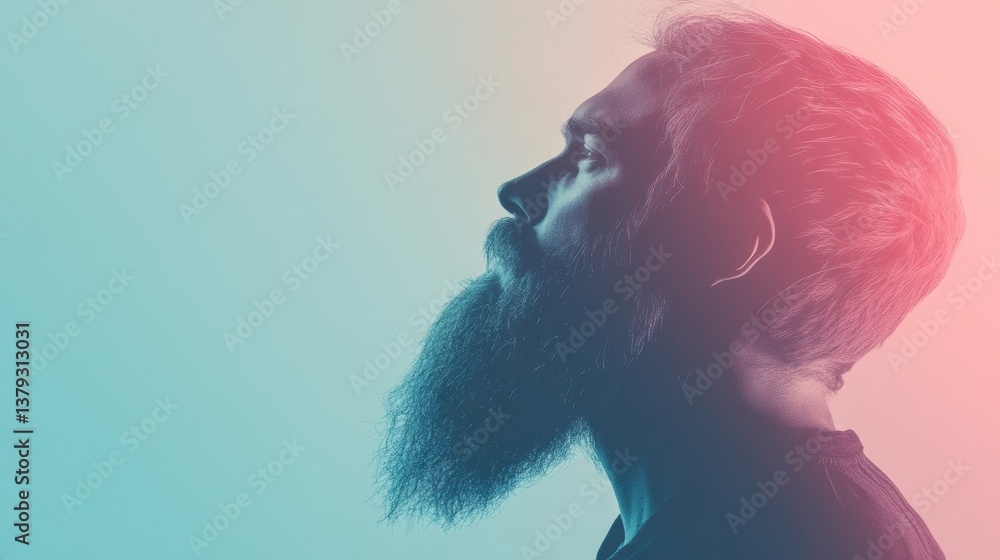 Aufkleber silhouette of a beard outlined against a colorful gradient background with space for personalized te