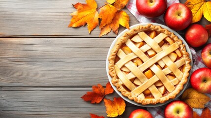 Autumn Apple Pie on Rustic Wooden Table