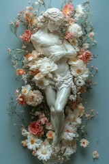 Surreal Floral Arrangement of Peonies Daisies Roses and Lilies Floating in Pastel Sky