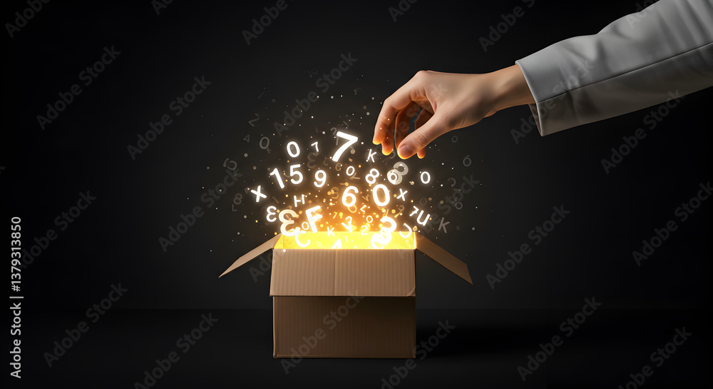 Poster hand reaching into glowing number filled box on a dark background