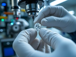 Close-up of scientist in white gloves handling rough diamond, single-origin diamond production, high-tech lab equipment