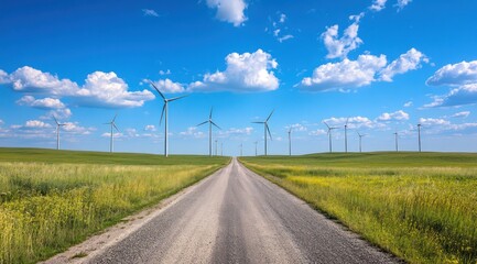 A scenic countryside road leads to wind turbines under a blue sky