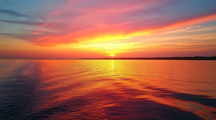 Fototapeta premium Vibrant sunset over calm ocean, tranquil background, travel poster