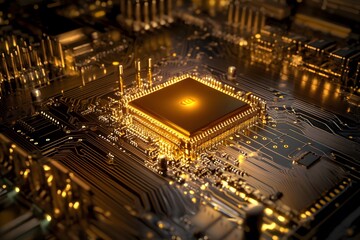 Close-up of a computer chip on a circuit board with golden lighting.