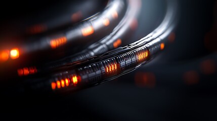 Abstract close-up of glowing cables with orange lights against a dark background, showcasing technology