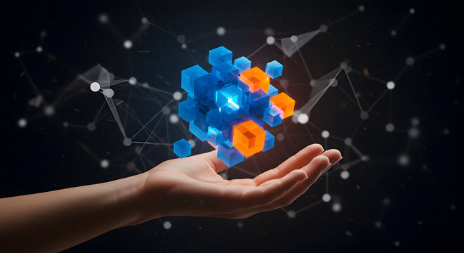 Hand Holding Abstract Network of Blue and Orange Voxel Cubes on Dark Background with Polygonal Plexus Structure