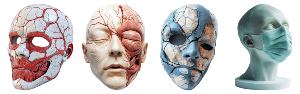 Anatomical Medical Masks Representing Human Anatomy and Conditions, Isolated on Transparent Background