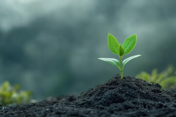 Naklejka premium Green Sprout Growth from Dark Soil in Nature Soft Light Agriculture Concept Planting Steps