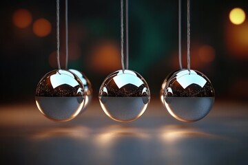 Hyper-realistic Newton's Cradle Reflective Spheres with Soft Bokeh Lighting