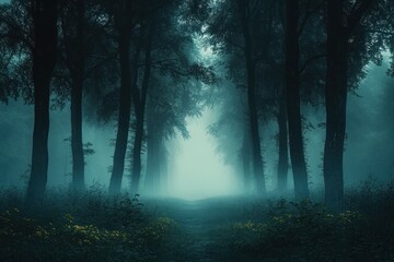 Obraz premium Mysterious Forest Road Shrouded in Fog Haunted Woods Landscape Eerie Atmosphere Cinematic Night Nightmare