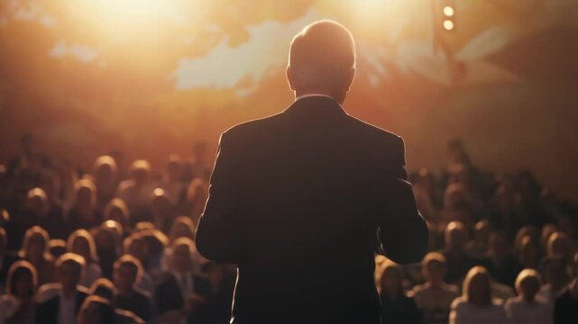 In a spotlight a politician gestures confidently towards a large crowd their brow furrowed in sincerity as they commit to tackling climate change. The backdrop features environmental