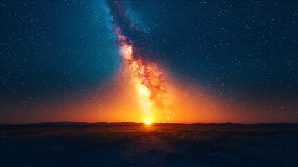 Obraz premium Vibrant Milky Way galaxy rising over a serene desert landscape at sunset.