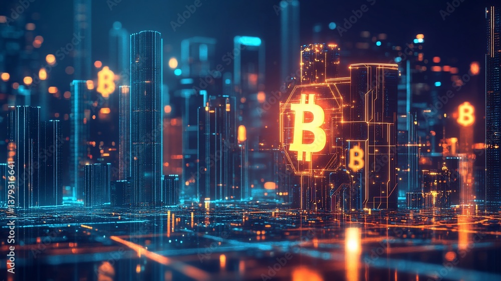 Aufkleber digital metropolis: a cityscape powered by bitcoin and blockchain