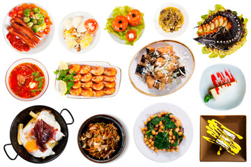 Top view of many plates with tasty food over white background