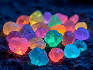 Multicolored glowing rocks, radiant gemstones, dreamlike atmosphere, dark contrast background, magical or otherworldly scene, vibrant glowing stones