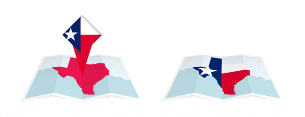 Two versions of an Texas folded map, one with a pinned country flag and one with a flag in the map contour. Template for both print and online design.