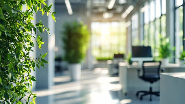 An office with plants and sunlight. Room with blurred background and a desk. A computer table with chairs and a computer in it. A workplace filled with greenery and natural lifestyle light.