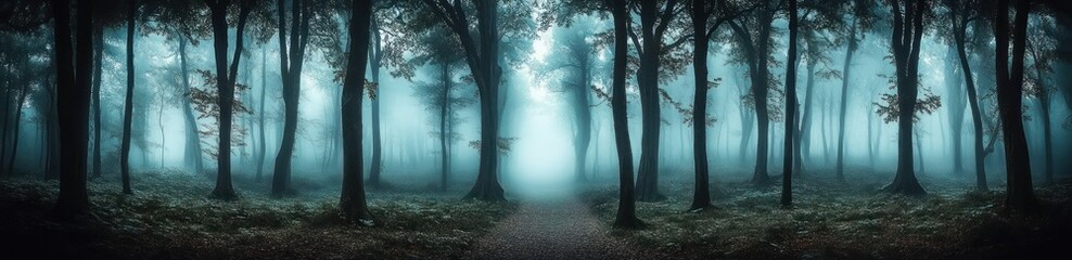 Fototapeta premium mystical dark forest landscape with fog and trees in twilight ethereal scenery