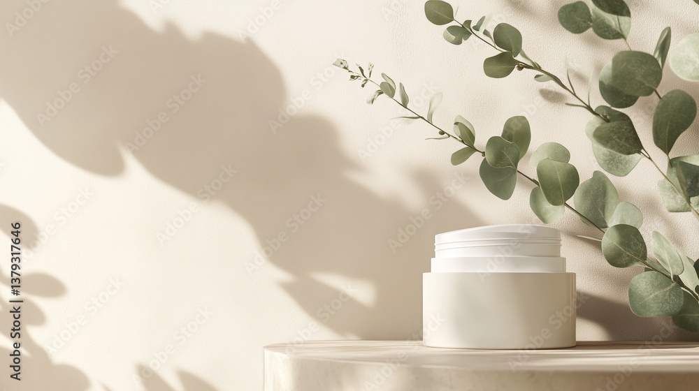 Poster elegant skincare product displayed on a minimalist surface with soft shadows and greenery, captured 
