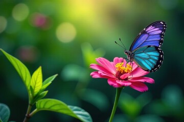 Colorful butterflies on a flower amidst green leaves and stems, butterflies, blossoms