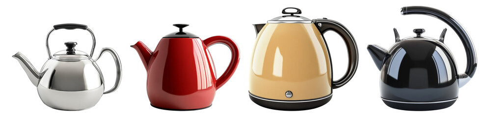 Fototapeta premium Stylish Collection of Modern Teapots in Various Colors and Designs, Isolated on Transparent Background