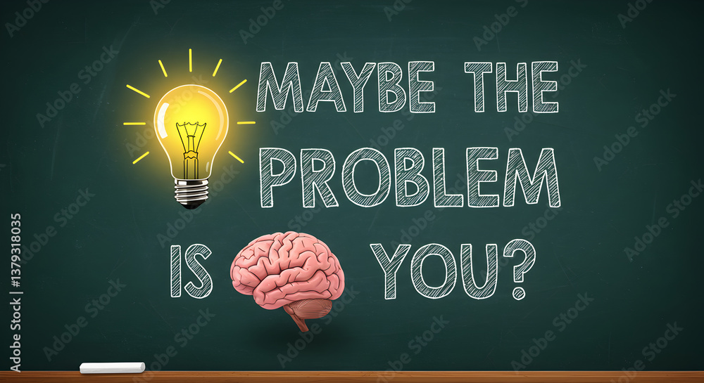 Poster conceptual image featuring a lightbulb and brain on a chalkboard asking maybe the problem is you