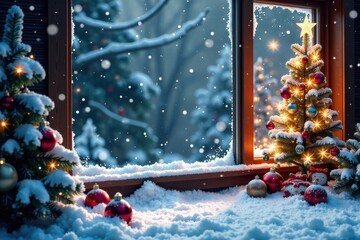 Colorful Christmas decorations amidst snowflakes and frosty windows , festive, holiday, windows