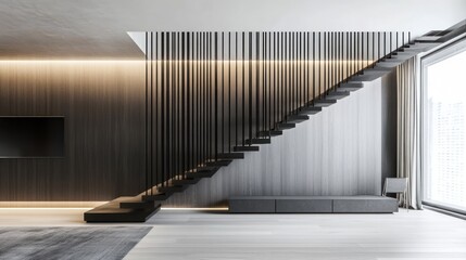 Modern Floating Staircase in a Minimalist Interior with Warm Lighting and Contemporary Design E