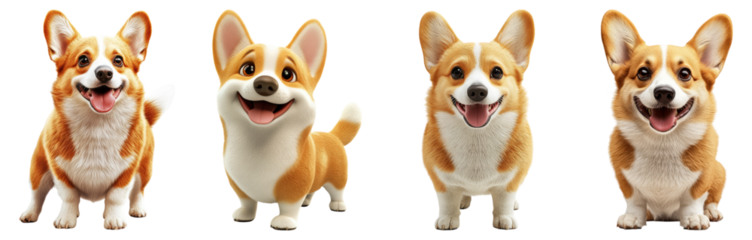 Happy Cartoon Corgis with Unique Expressions and Playful Poses, Isolated on Transparent Background