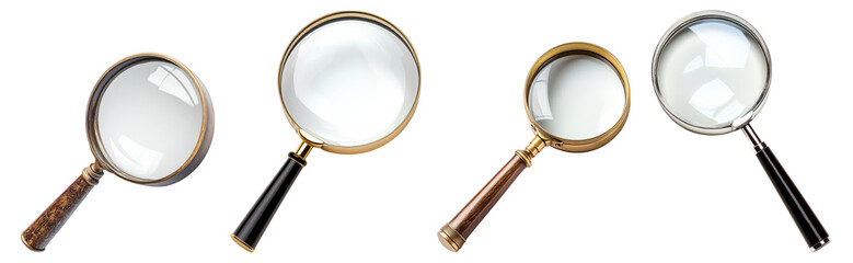 Collection of Four Distinct Magnifying Glasses with Different Designs, Isolated on Transparent Background