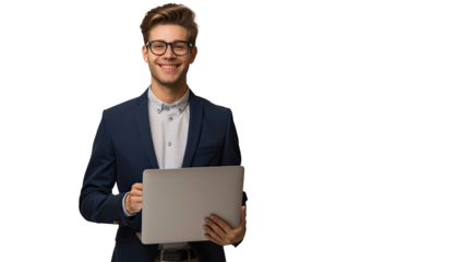 Smart Professional with Laptop: A stylish individual, confidently holding a laptop, exudes intelligence and a cheerful demeanor, ready to engage and inspire with a modern presentation.